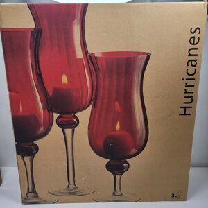 Hurricane Red Glass Candle Holders With Clear Stems Set of 3